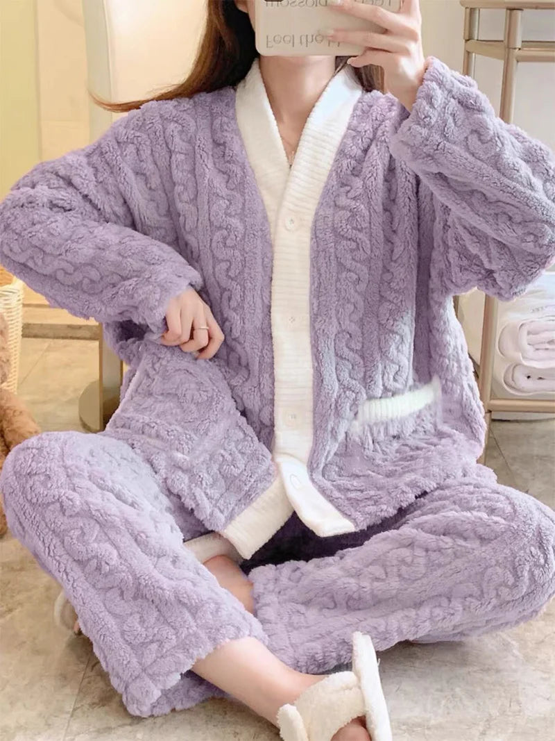 2pcs/Set Autumn And Winter Pajamas Women Thickened Padded Warm Students Coral Girls Clot Velvet Suit Home wear Cardigan Trousers