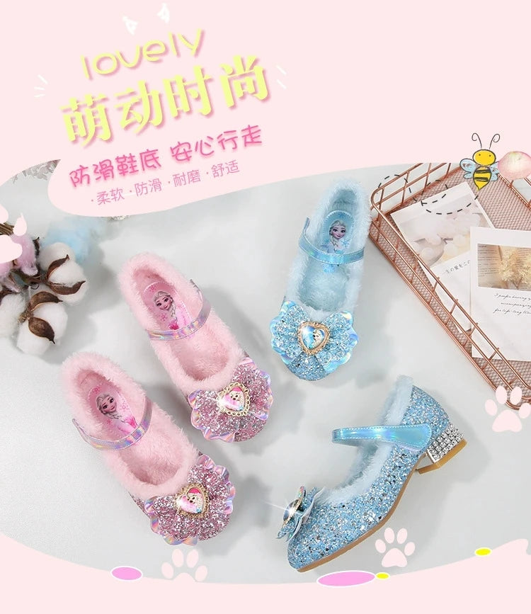Disney Princess Kids Warm Winter Shoes for Girls Elsa Casual Glitter Children Flat Heel Girls Shoes Butterfly Knot Blue Pink