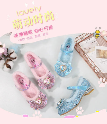 Disney Princess Kids Warm Winter Shoes for Girls Elsa Casual Glitter Children Flat Heel Girls Shoes Butterfly Knot Blue Pink