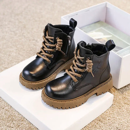 Kid's Winter Cotton Boots Plus Velvet Thickening Water Proof Retro Black Trendy All-match Leather Casual Boys Girls Ankle Boot