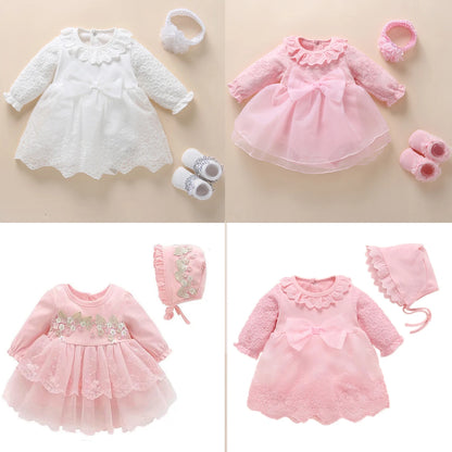 Newborn Baby Girl Dress Clothes 0 3 6 Months Princess Pink Dress White Baptism Outfit Party Dress Headband Socks Set Clothing