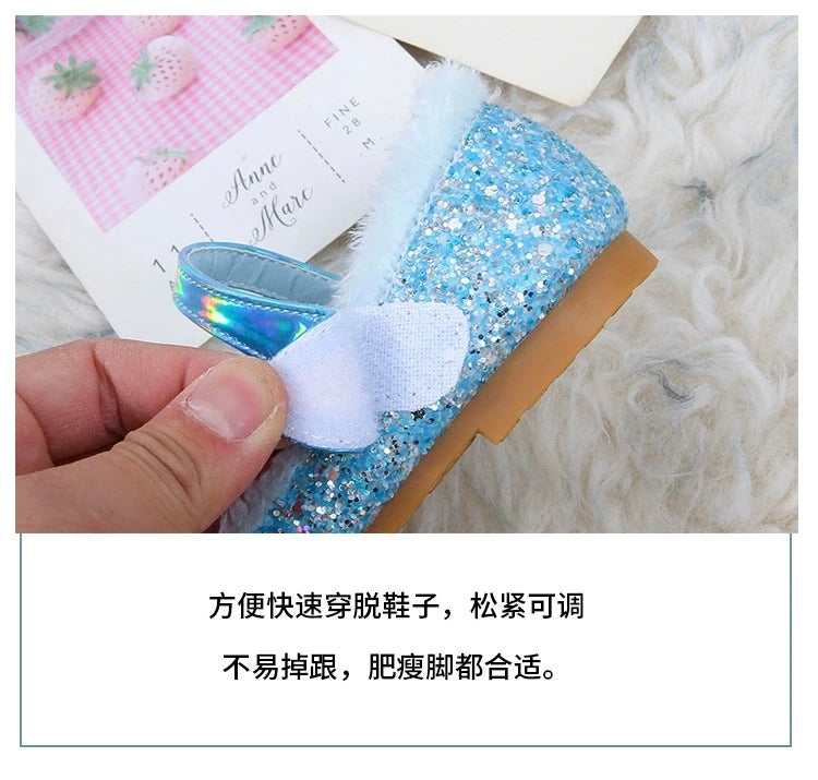 Disney Autumn Fashion Pearl Bow Rhinestone Frozen Elsa Princess Girl Shoes Flat Kids Princess Warm Winter Shoes Size 23-36
