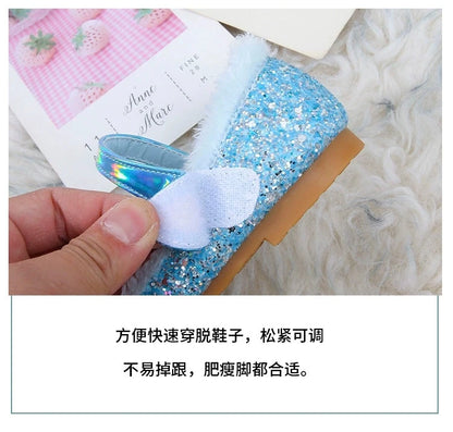 Disney Autumn Fashion Pearl Bow Rhinestone Frozen Elsa Princess Girl Shoes Flat Kids Princess Warm Winter Shoes Size 23-36