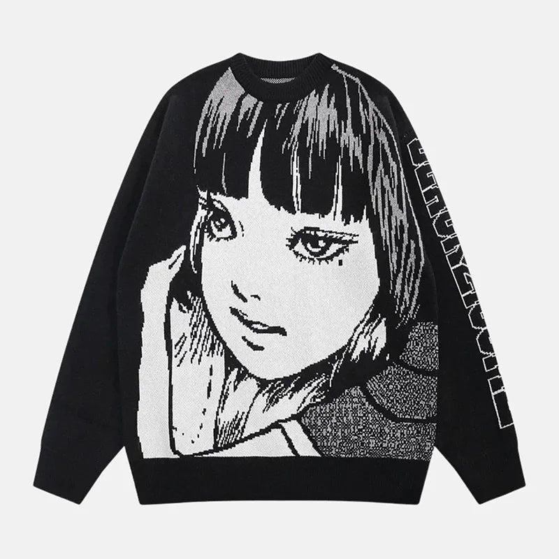 Oversized Sweater Men Women Harajuku Anime Girl Graffiti Vintage Knitted Sweater 2025 Winter Unisex Cotton Pullover Streetwear