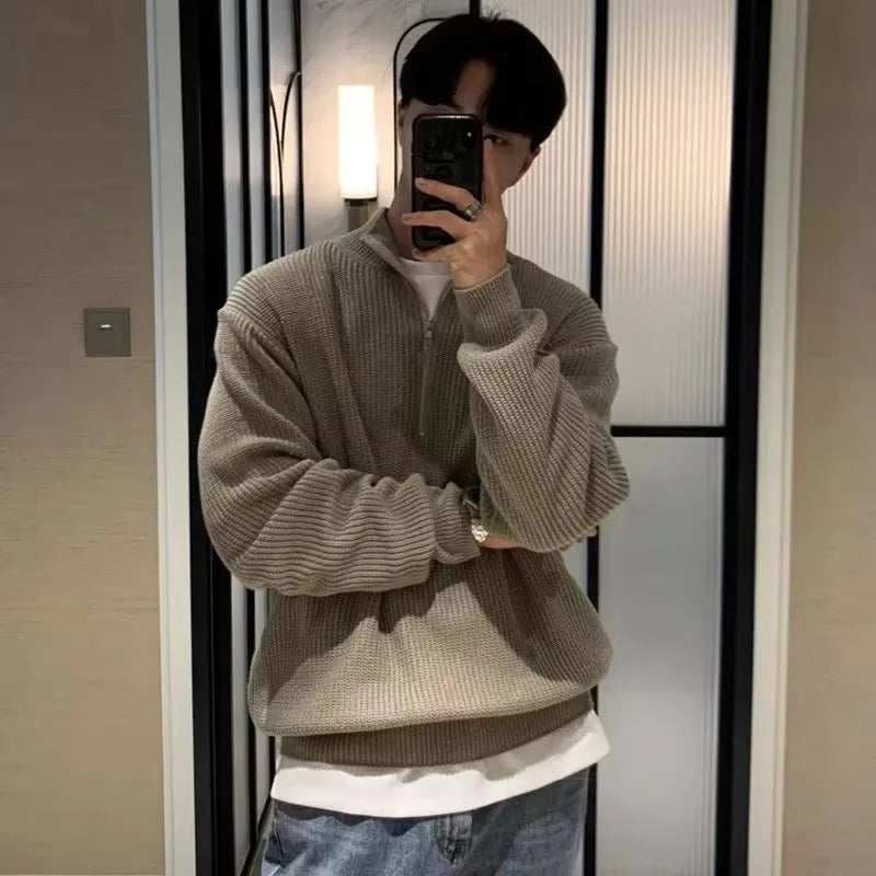 2025 Spring Autumn Men New Fashion Men Loose Half-high Collar Zipper Pullover Knitted Sweater Jacket  All-match Clothing