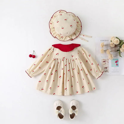 0-2Y Baby Girls Clothes Full Of Cherry Print Baby Dress Long Sleeve Cherry Dresses Ranched Dress with Hat