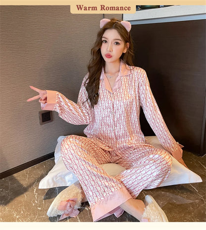 Women Casual Luxury Pajamas Thin Pajamas Female Sleepwear New Elegant Ladies Faux Silk Polyester Dots Pajama Sets Sexy Home wear