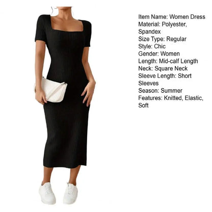 Solid Color Square Neckline Dress Elegant Square Neck Knitted Midi Dress for Women Solid Color Party Commute Dress with Short