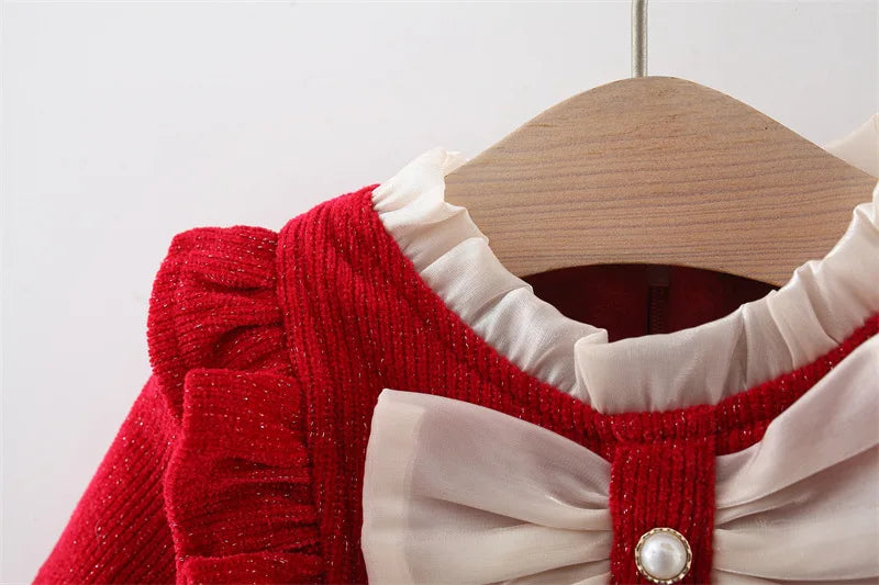 Winter Newborn Girls Clothes Korean Fashion Bow Cute Fleece Warm Thick Long Sleeve Red Baby Dress Luxury Birthday Dresses BC1704