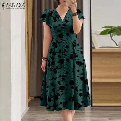 ZANZEA Fashion Floral Print Women Midi Dresses 2025 Summer Ruffle Sleeve V Neck A-line Vestido Casual Cinch Waist Party Sundress