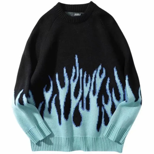 Hip Hop Mens Streetwear Harajuku Knitted Sweater Blue Fire Flame 2025 Autumn Sweater Pullover Loose HipHop Retro Vintage