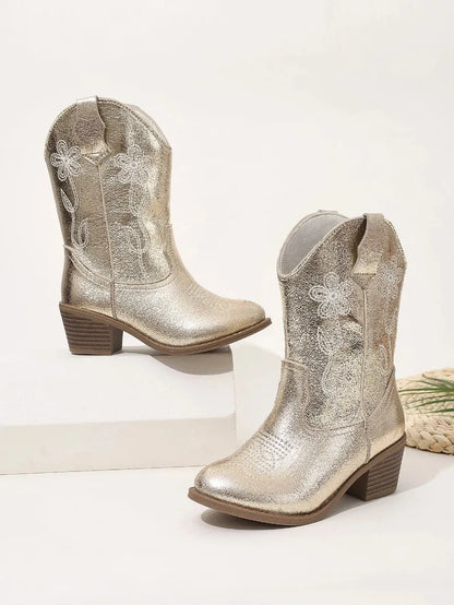 Luxury Gold Silver Western Knee High Boots Girls Premium Quality Slip-on Cowboy Long Booties Kids Heeled Point Toe Floral Botas