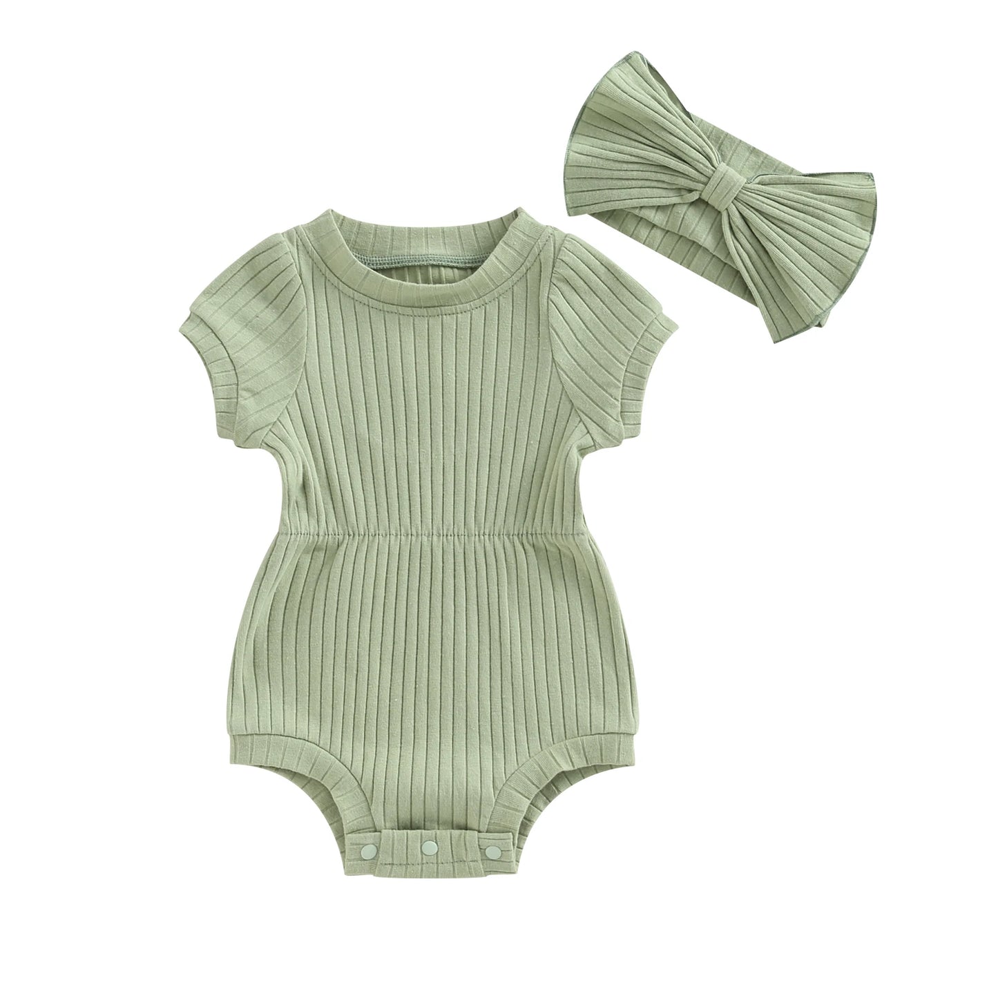 Newborn Baby Girl Clothes Solid Color Ribbed Knit Short Sleeve Romper Bodysuit Jumpsuit with Headband Summer Outfit