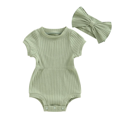 Newborn Baby Girl Clothes Solid Color Ribbed Knit Short Sleeve Romper Bodysuit Jumpsuit with Headband Summer Outfit