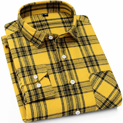 Men's Slim-fit Casual Brushed Flannel Contrast Plaid Shirt Single Patch Chest Pocket Comfortable Soft Long Sleeve Gingham Shirts