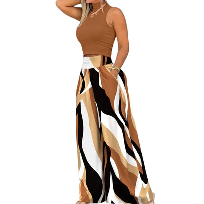 2025 Summer Fashion Printing Two Piece Set Women Casual Solid Sleeveless Tank Top Wide Leg Pants Two Piece Set Women