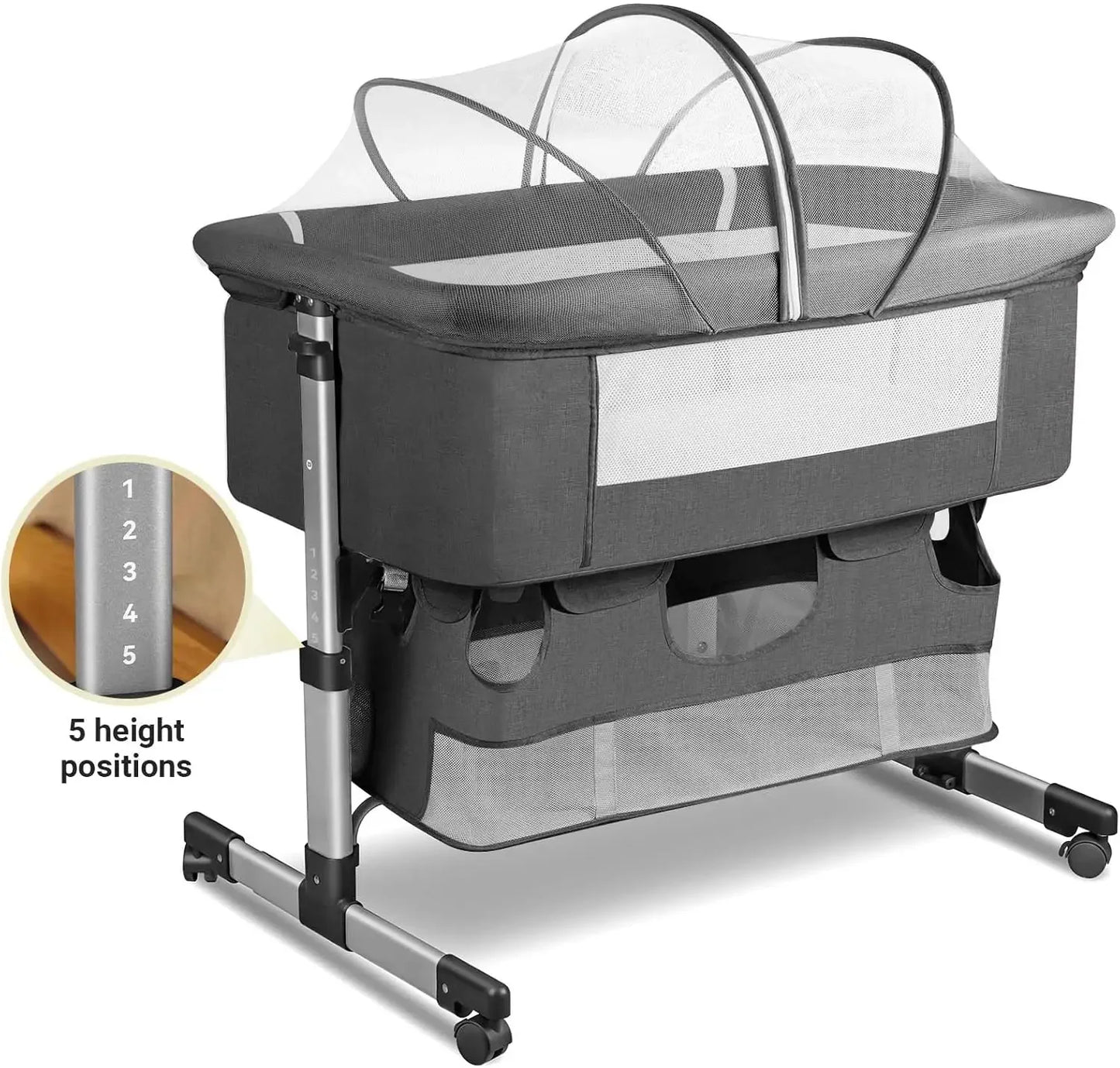 3 in 1 Baby Crib Adjustable Portable Bed for Infant, Baby Bassinet with Mosquito net Baby Newborn Must Have Bed, Grey
