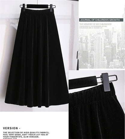 Women Large Size 4XL A-line Long Skirts Autumn Winter Ladies High Waist Skirt New Female Golden Velvet Maxi Skirt