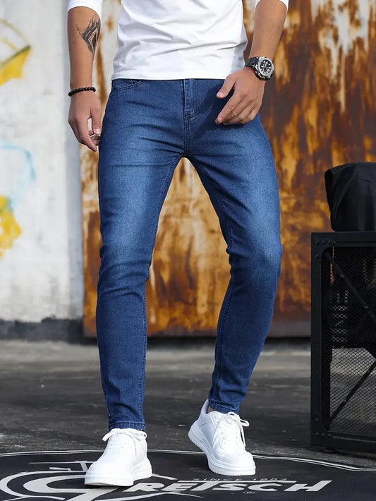 Man Pants Retro Washing Zipper Stretch Jeans Casual Slim Fit Trousers Male Plus Size Pencil Pants Denim Skinny Jeans for Men