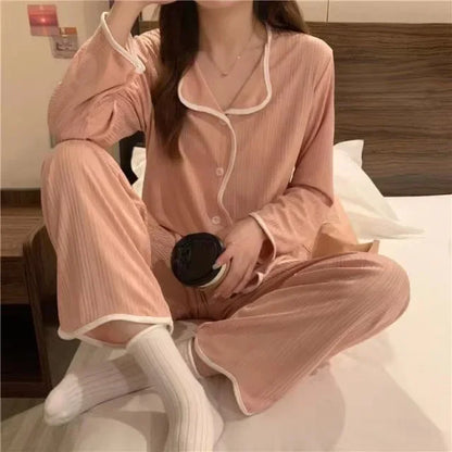 Women Long Sleeve Trousers Cotton Pajamas Dormir Lounge Sleepwear Solid White Pajama Mujer Bedroom Home Clothes Female Pajamas