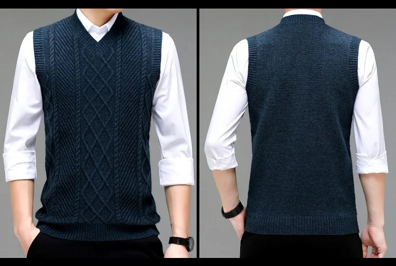 Stylish V-neck Jacquard Knit Sleeveless Sweater Vest for Men Middle-aged Men Fashion Solid Color Warm Top