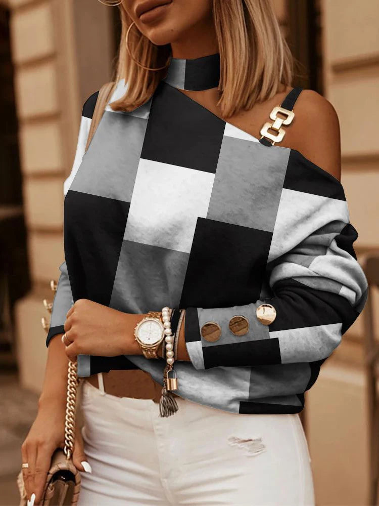Sexy Off Shoulder Halter Neck Women Blouse Long Sleeve Fashion Print Casual Loose Tops 2026 Autumn Elegant Office Ladies Blouses