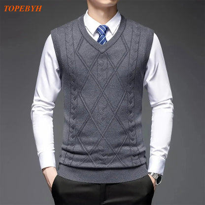 2026 New Trend Men's Business Casual Pullover Wear Warm Sleeveless Wool Knitted Sweater Vest Tops