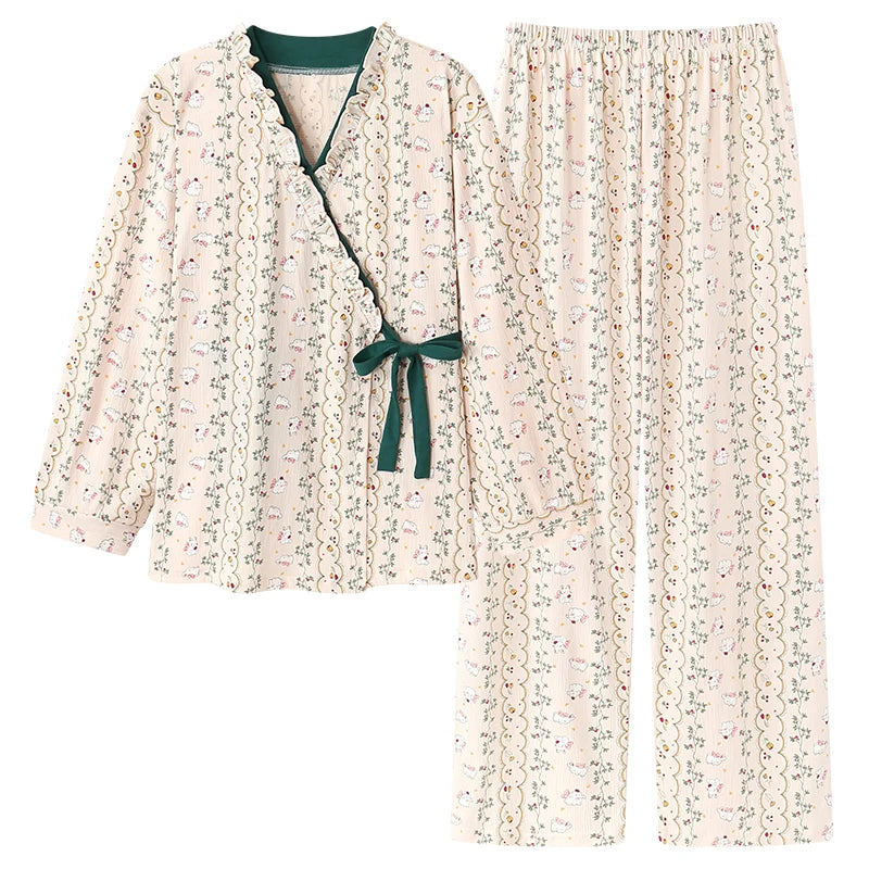 Spring Autumn V-Neck Pajamas Female Pajamas Sets Elegant Floral Japanese Kimonos For Women Big Yards M-4XL Cotton