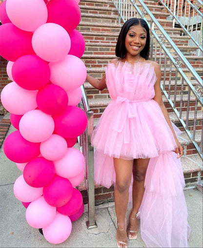 Elegant Mesh Tulle Wedding Party Dress for Women Strapless Off Shoulder High Waist Evening Gowns Formal Occasion Prom Dresses
