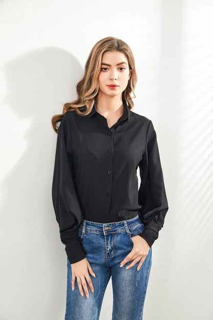 Lantern Sleeves Vintage Shirts Women Elegant White Women's Blouse with Lush Sleeves 2026 Fashion Button Up Shirt Black dropship