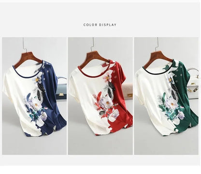 Plus Size Women Silk Satin Blouses Spring Summer Floral Printing Blouse Female Fashion Shirt Tops