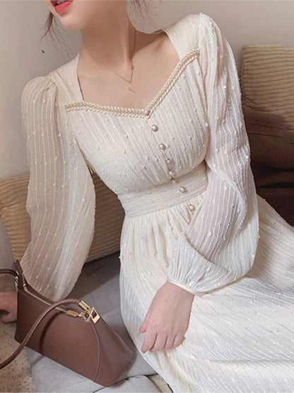 2026 Summer New Women Fashion Elegant White Midi Dresses Vintage Princess Female Party A Line Clothes Prom Robe Vestdios