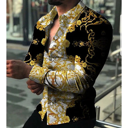 2025 New Hawaiian Shirts Luxury Gold Pattern Shirts Men's Fashion Casual Shirts Long Sleeves Lapel Beach Shirts Men's Clothing