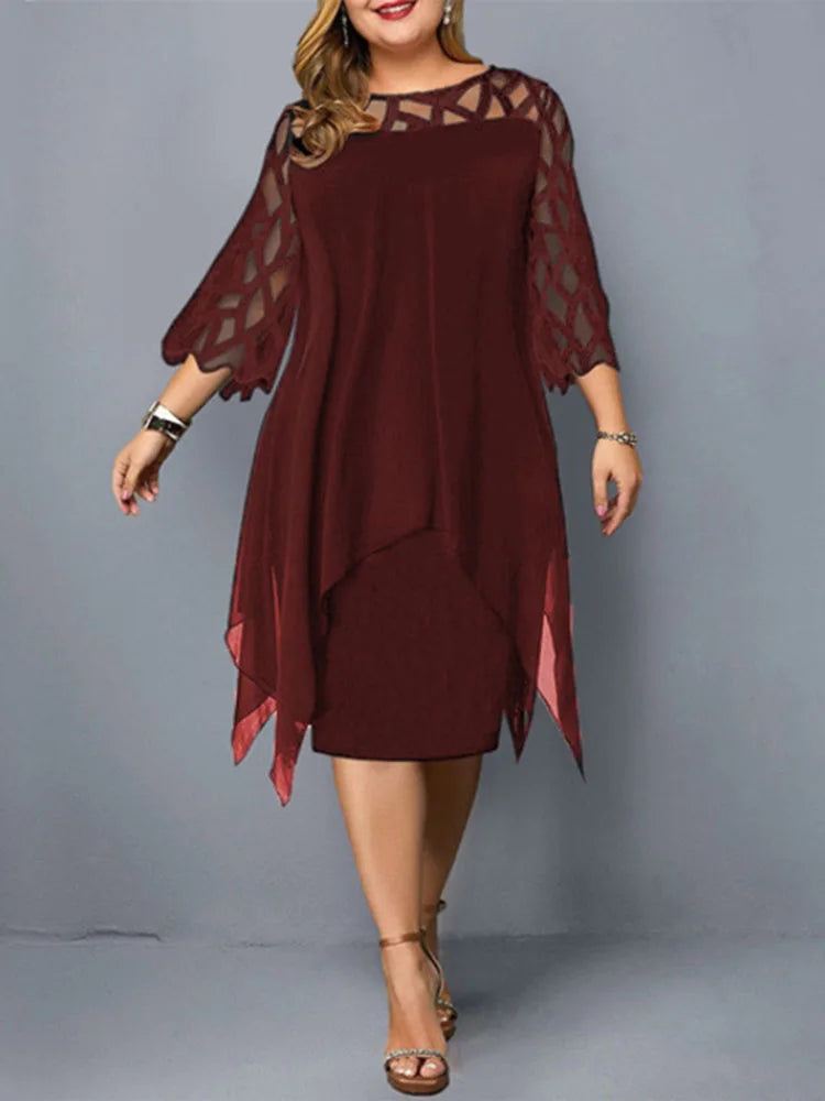 Sexy Women'S Clothing Evening Dresses Xxl O Neck Lace Sleeve Hollow Out Solid 2026 Elegant Midi Party Dress For Chubby Women