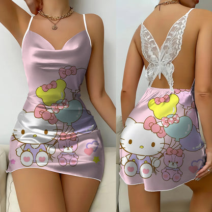 Mini Dress Pajama Skirt Hello Kitty Sexy Dresses Off Shoulder Bow Knot Satin Surface Women's Fashion Summer 2026 Short Party Lace