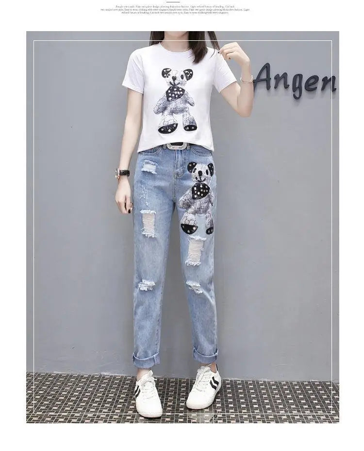 Cartoon Print Short Sleeve T-shirt Perforated Jeans Two Piece Elegant Women's Pants Set Summer Outfit Leisure Sports Suit