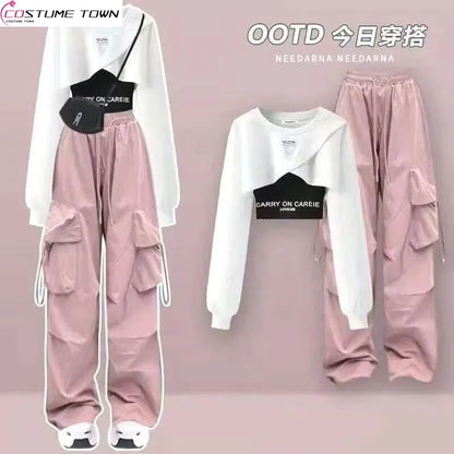 Spring and Autumn Set Women's 2026 Korean Loose Fashion Top Casual Work Pants Age Reducing Three Piece Set