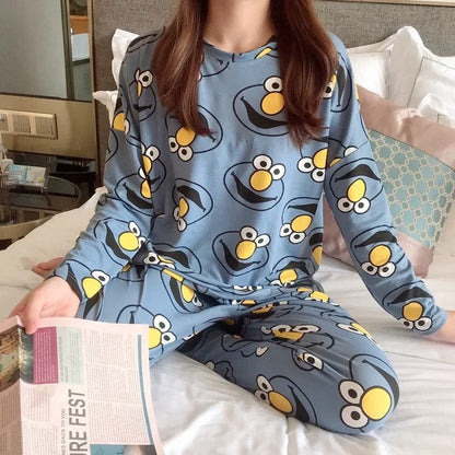 Autumn Thin 2pieces Pijamas Set Women 2026 Cartoon Round Neck Girls Pajamas Sets Honey Boof Full Sleepwear Clothes Sleep Tops