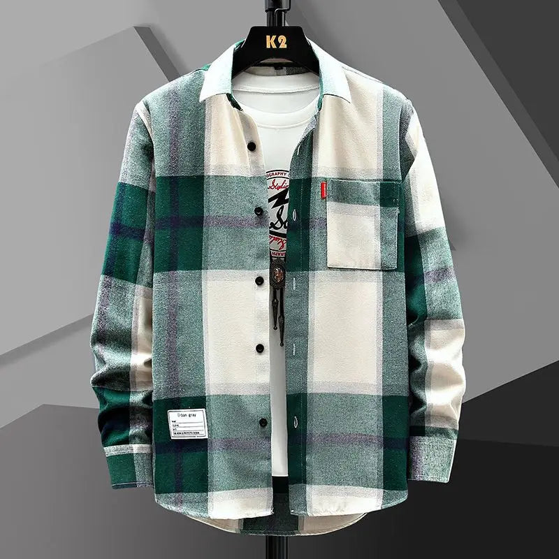 2025 Spring and Autumn Men's Lapel Loose Plaid Button Printed Pocket Casual Fashion Elegant Commuting Long sleeved Shirt