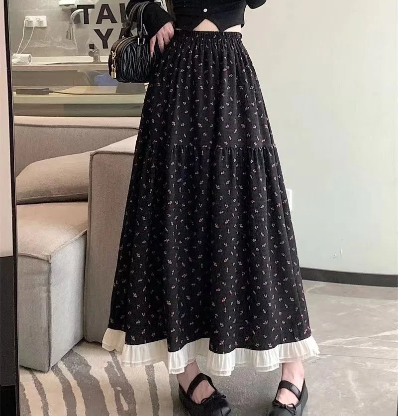 Summer White Floral Long Skirt Women's Y2k Clothes Fashion Elastic High Waist Casual Elegant Spliced Gauze Skirts for Women 2026