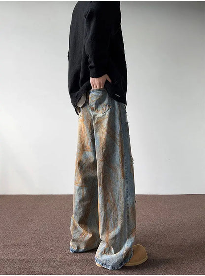 Men's trousers summer thin tie-dyed ripped jeans men's loose straight washed distressed high street American men's trousers