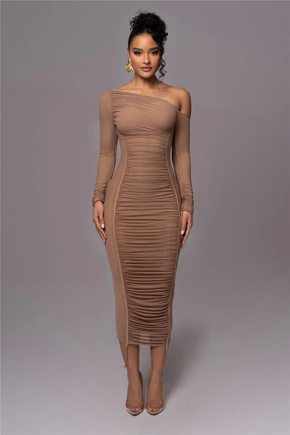 Diagonal Collar Long Sleeve Midi Dress For Women Two Layer Mesh Backless Ruched Bodycon Club Party Sexy Long Dress