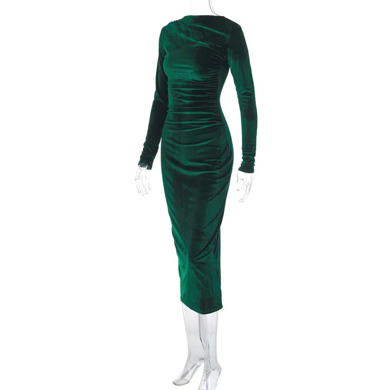 BWQ 2026 Spring Summer Velvet Long Sleeve Midi Dress For Women Ruched Long Dress Elegant Party Clothes Evening Green Outfits