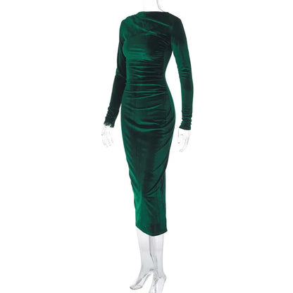 BWQ 2026 Spring Summer Velvet Long Sleeve Midi Dress For Women Ruched Long Dress Elegant Party Clothes Evening Green Outfits
