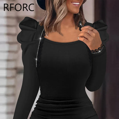 2026 Women Solid Long Puff Sleeves Rhinestone Decoration Folds Mini Bodycon Party Black Dress