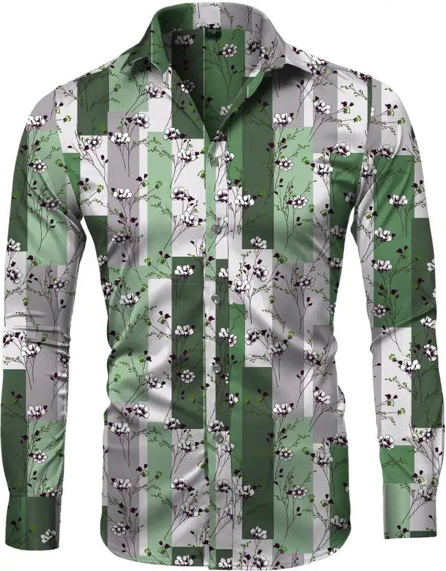 Fashion Irregular Plaid Flower Print Men's Long Sleeve Shirt Casual Party Street Hawaiian Polo Collar Shirt