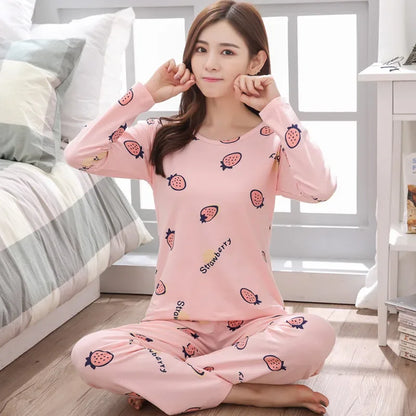 Autumn 2pieces Pyjamas Set Women Thin Sexy Sleepwear Lovely Home Suit 2025 Round Neck Girls Teacup Sleep wear Long Sleeve Pajama