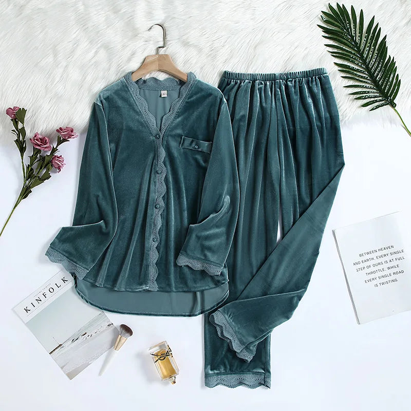 2PCS Velvet Pajamas Set For Women Winter Warm Pajama Sexy Female Valor V-neck Lace Home wear Autumn New Long Pant Pijamas Suit