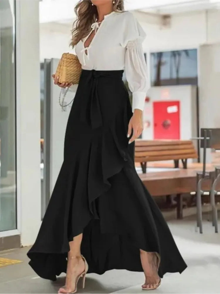 Spring Autumn Women Long Skirt High Waist Lace-up Ruffle Trim Plaid Print Bow Tie Irregular Hem Maxi Skirt Female 2026 New