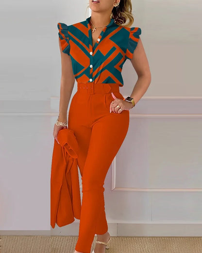Womens Elegant Slim Two-Piece Sets Summer Fashion Print V Neck Button Flying Sleeve Shirt Top & Solid Long Pants Suits With Belt
